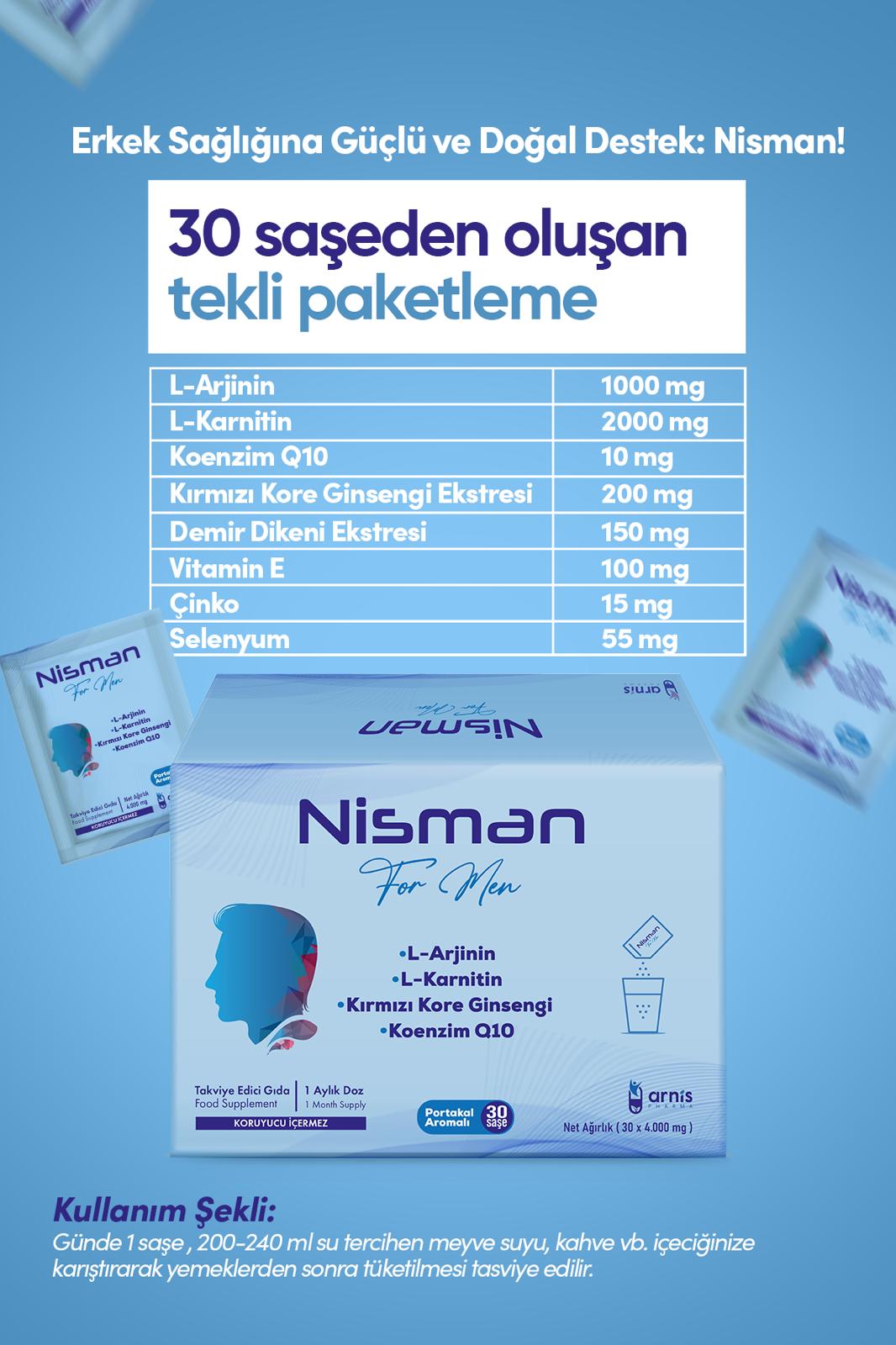 NİSMAN L-Arjinin, L-Karnitin, Kırmızı Kore Ginsengi ve Koenzim Q10 İçeren Takviye Edici Gıda